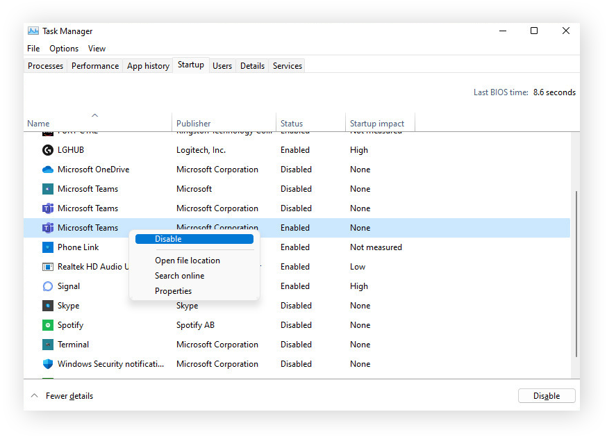 Managing Startup programs in Windows Task Manager