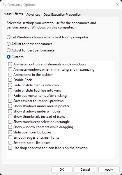 Adjusting visual effects for best performance on Windows 11