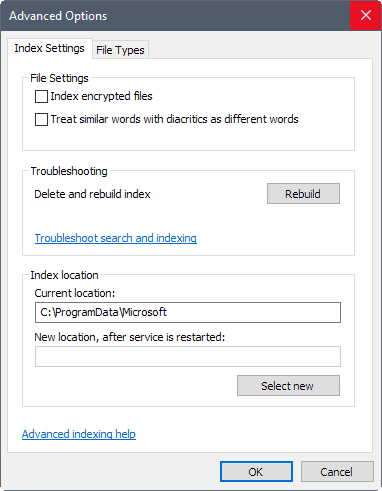 Advanced Indexing options on Windows 11