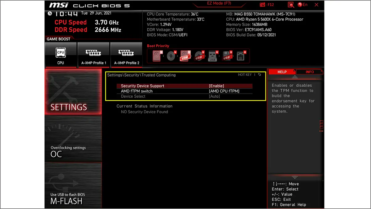 TPM turn on MSI BIOS for AMD 