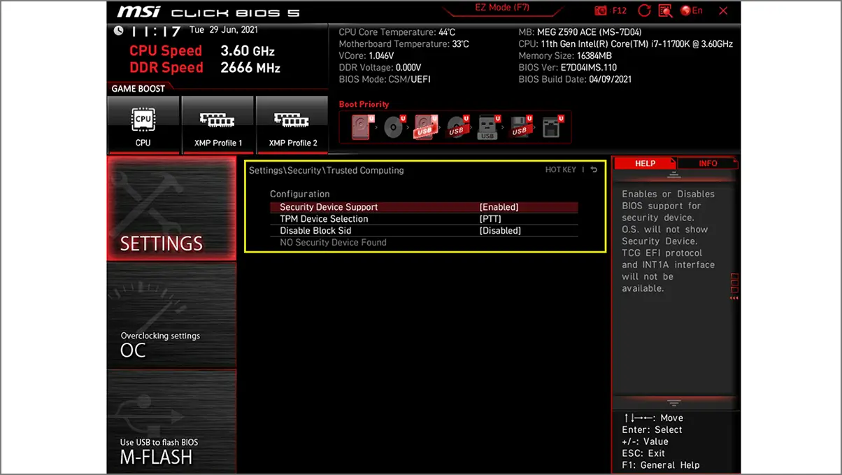 TPM turn on MSI BIOS for Intel 