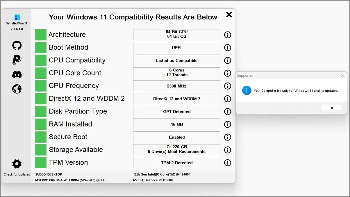 WhyNotWin11 checker for Windows 11 System Requirements