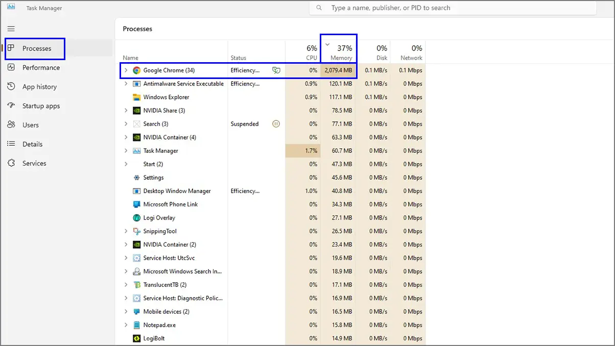 Checking RAM used by different tasks on Windows 11